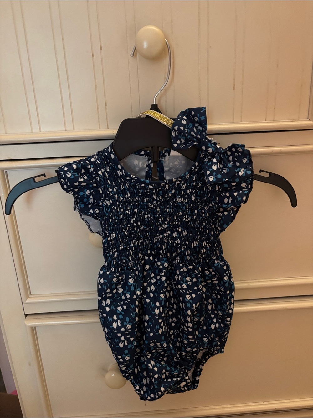 Navy Blue Smocked Baby Romper with cute headband